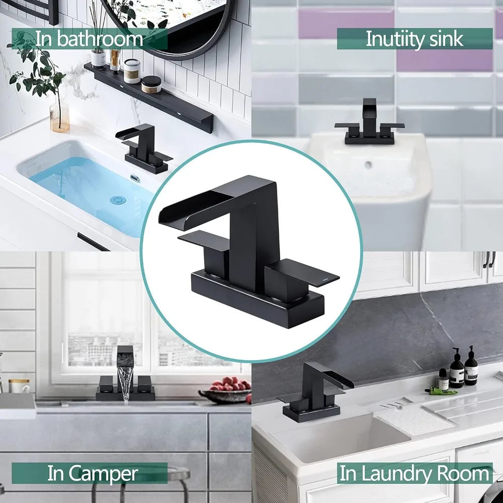 4 Inch Centerset Waterfall Bathroom Faucet 2 Handle 3 Hole Basin Faucet with Pop Up Drain with Overflow - Home Fusion