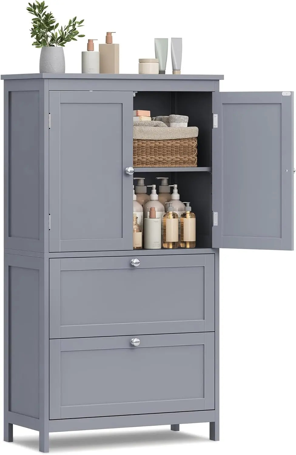 Bathroom Floor Storage Cabinet, Bathroom Storage Unit, Freestanding Cabinet with 2 Drawers and 2 Doors, Adjustable Shelf - Home Fusion