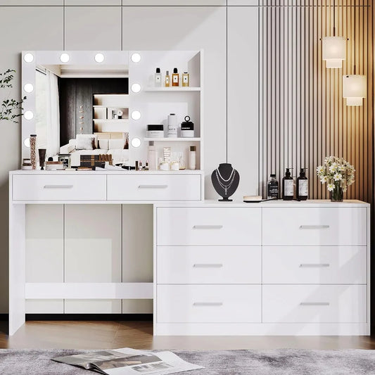storage and space Rovaurx 65" W Makeup Vanity Desk with Mirror and 3-Color Lights, 8 Drawers Vanity Table with Side Storage Shelf, Dressing Table, 076823-f9.myshopify.com