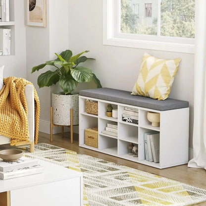Shoe Storage Bench with Cushion, Cubby Shoe Rack with 12 Cubbies, Adjustable Shelves, Multifunctional Shoe Organizer Bench - Home Fusion