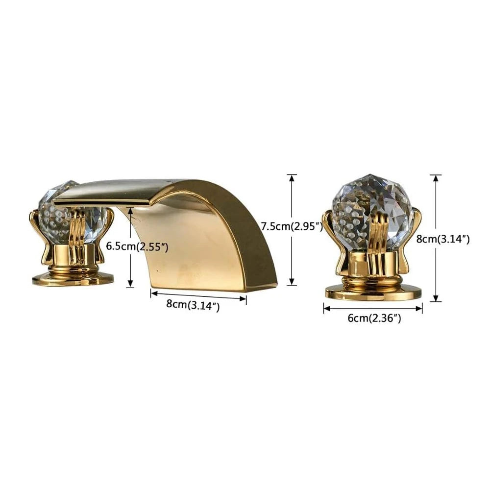 LED Widespread Bathroom Faucet Waterfall Gold Polished Lavatory Faucets Basin Mixer Tap 2 Crystal Knobs 3 Holes - Home Fusion