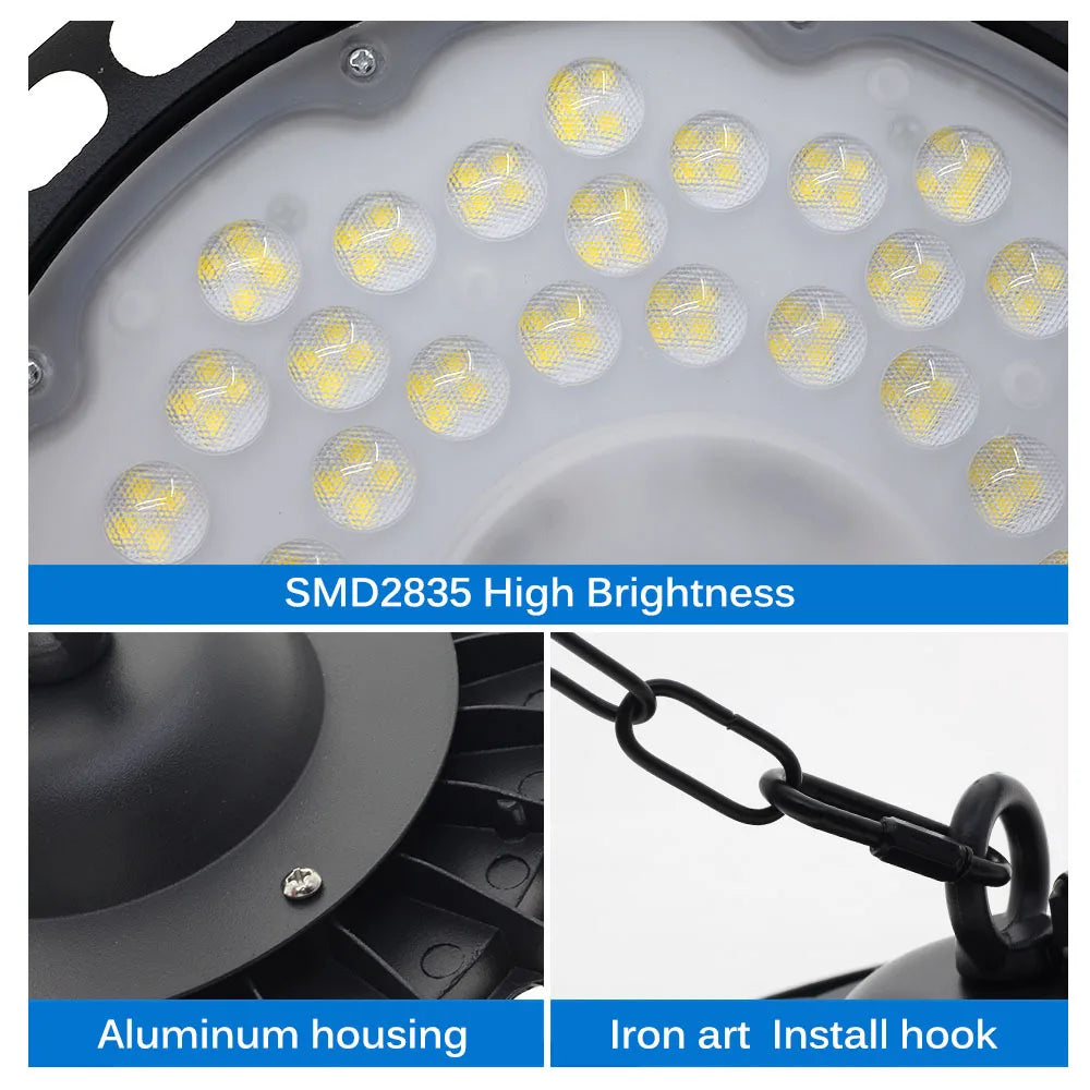100W 150W 200W UFO LED High Bay Light UFO Industrial Light, High Lumen,No Fan,Garage Light, High Bay Shop Light, 4000K-6500K Home Fusion