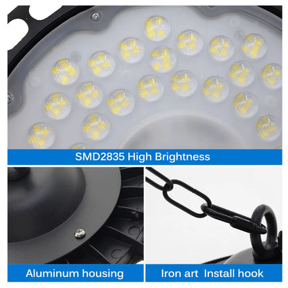100W 150W 200W UFO LED High Bay Light UFO Industrial Light, High Lumen,No Fan,Garage Light, High Bay Shop Light, 4000K-6500K Home Fusion