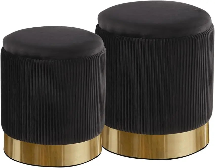 Round with Storage Set of 2, Velvet Storage Ottoman for Living Room, Round Storage, Ottoman Chair, Gold - Home Fusion