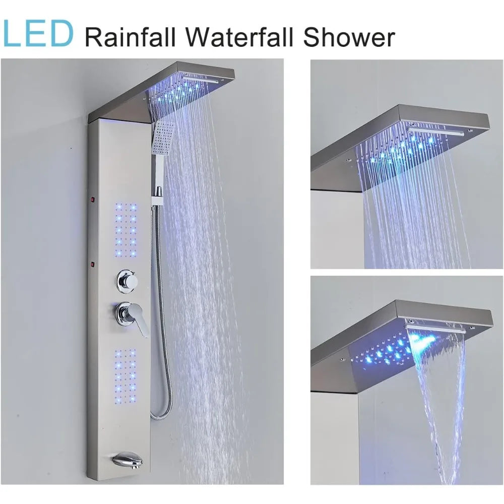 Shower Panel Tower System,LED Rainfall Waterfall Shower Head LED Large Area Massage Jets Tub Spout,Stainless Steel Bathroom - Home Fusion