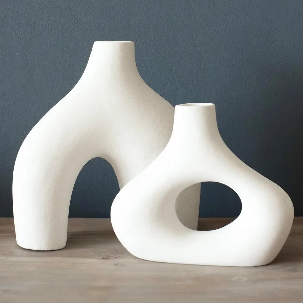 Donut Vase, Set of 2 - Minimalist Nordic, White Ceramic Hollow Donut Vase Decor | Table Centerpiece, Olive Plant, - Home Fusion