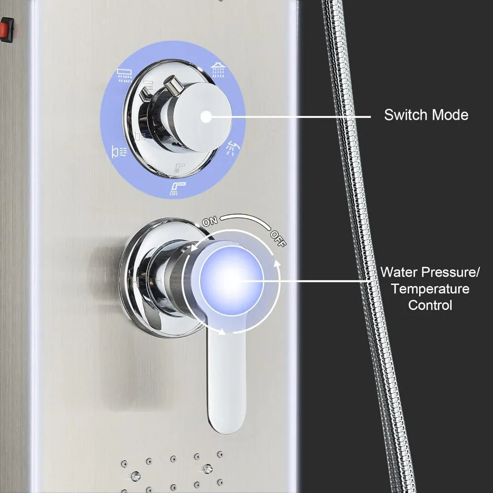 Shower Panel Tower System,LED Rainfall Waterfall Shower Head LED Large Area Massage Jets Tub Spout,Stainless Steel Bathroom - Home Fusion