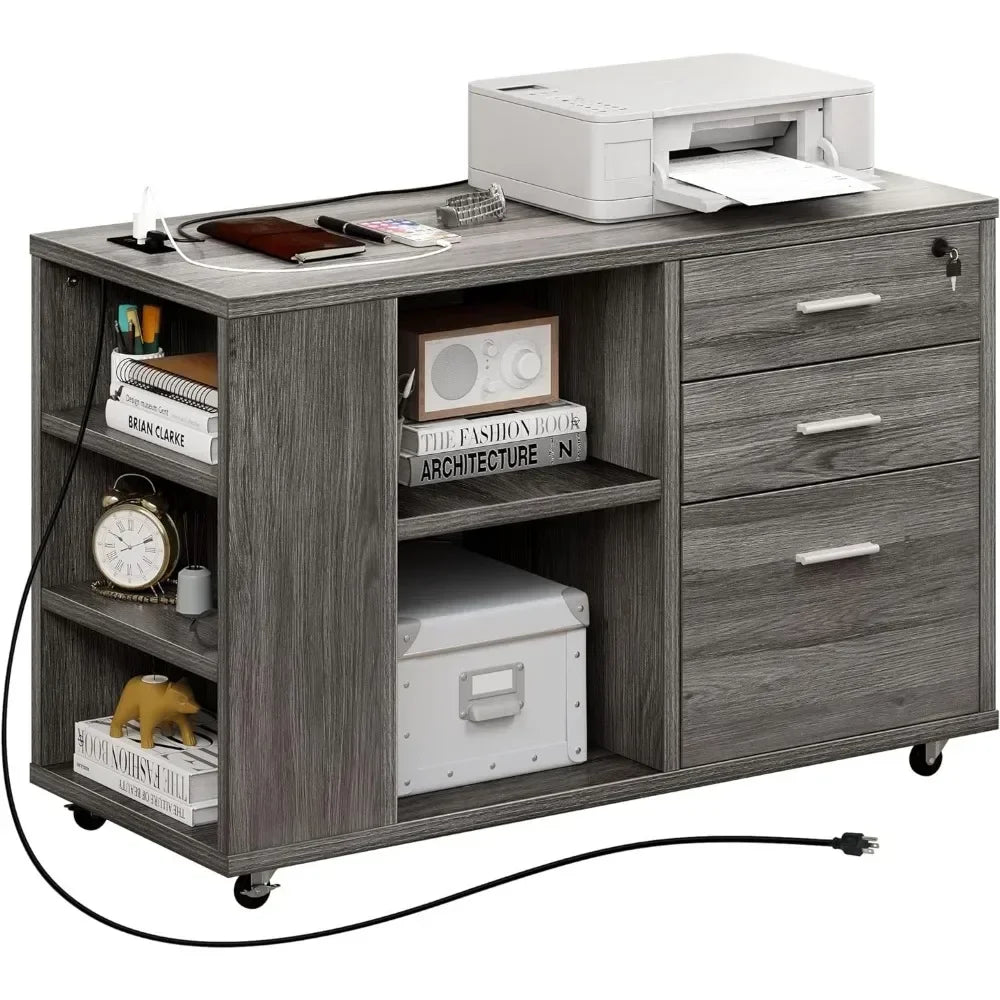5-Tier Bookshelf and File Cabinet with Charging Station, Mobile Storage Furniture for Home Office Organization - Home Fusion