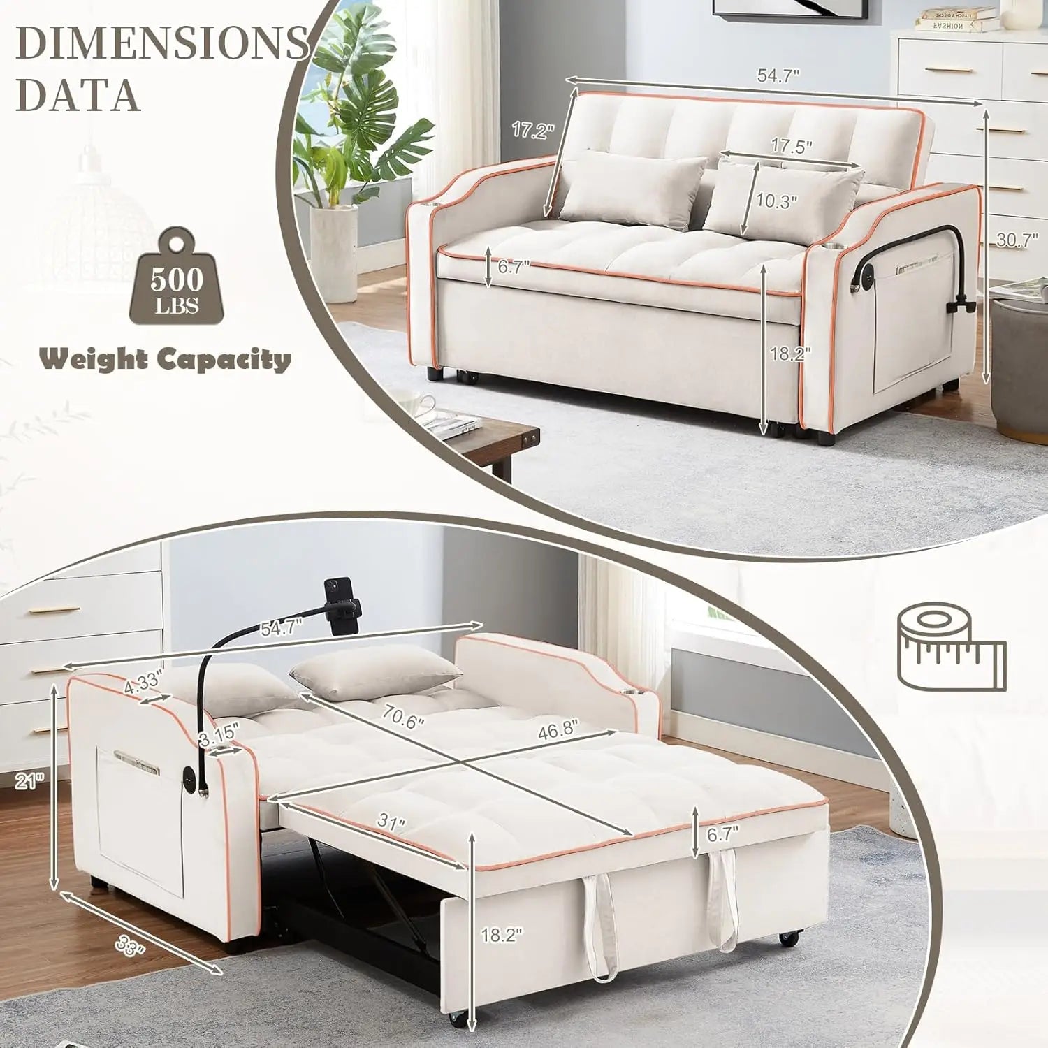 Velvet Convertible Couch Bed-Sofa: Charge, Relax, Sleep. - Home Fusion