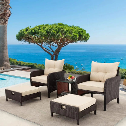 Patio Furniture Set, Outdoor Rattan Chairs with Tempered Glass Coffee Table, Ottomans & Soft Cushions, Wicker Conversation  Set - Home Fusion