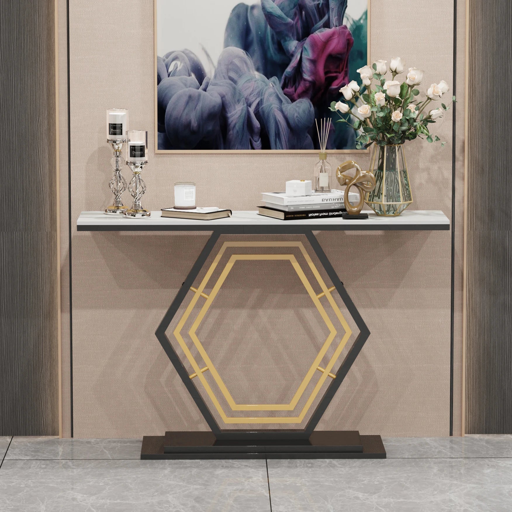 Metal Console Table, Couch Table, Sintered Stone Table Top, Narrow Hallway Tables for Entryway, Front Hall, Hallway, Living Room - Home Fusion