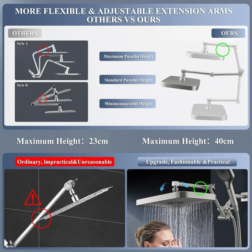 shower head，14 Inch Shower Head With Handheld, High-Pressure Rain/Rainfall Shower Heads With 3+1 Settings Handheld Spray, - Home Fusion