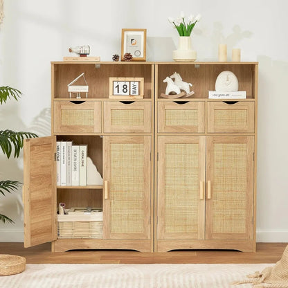 Iwell Storage Cabinet, Rattan Cabinet with 2 Drawers and Adjustable Shelves, Cupboard, Floor Cabinet with Doors for Living Room - Home Fusion