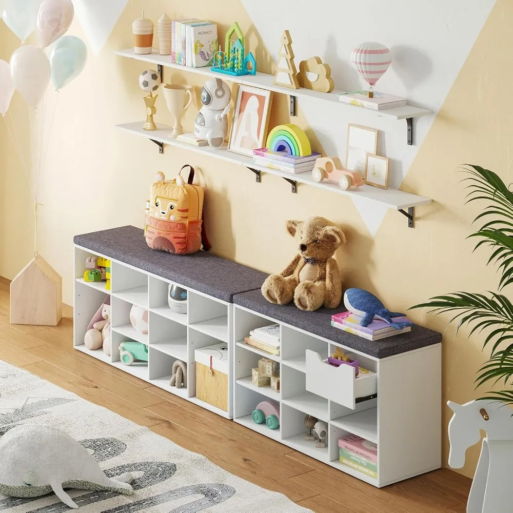 Shoe Storage Bench with Cushion, Cubby Shoe Rack with 12 Cubbies, Adjustable Shelves, Multifunctional Shoe Organizer Bench - Home Fusion