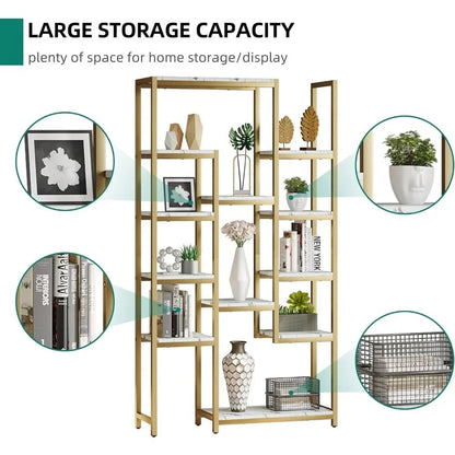 Home Decorations 6 Tier Gold Bookshelf Home Decor Items 71” Tall Modern Free Standing Bookshelf With 12 Shelf Bookcase Room Wall - Home Fusion