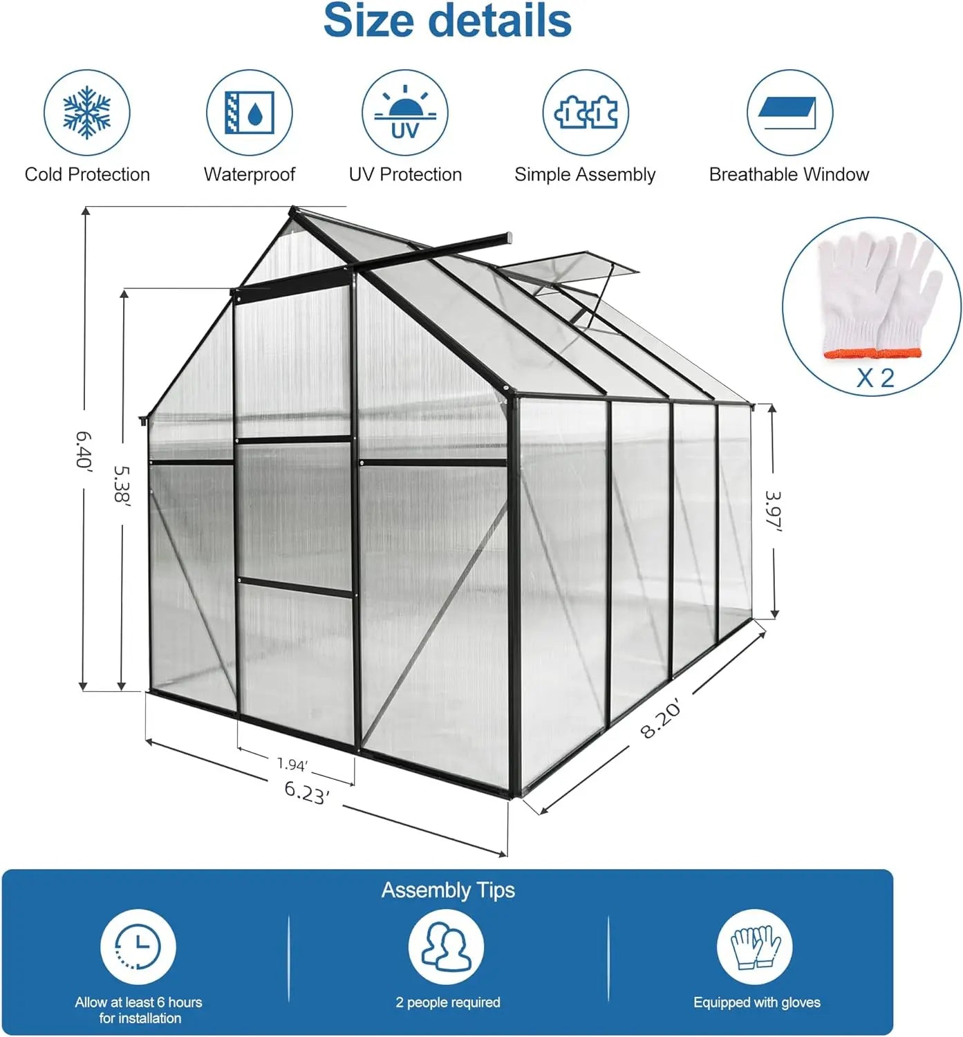 6x8Walk-in  Greenhouse, Weatherproof Aluminum Hot House w/ Raised Base and Sliding Door & Vent for Outdoor Backyard, Black - Home Fusion