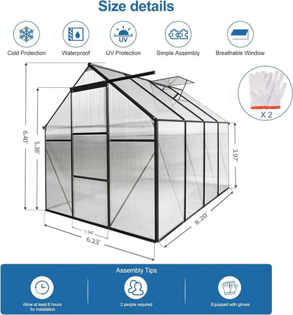 6x8Walk-in  Greenhouse, Weatherproof Aluminum Hot House w/ Raised Base and Sliding Door & Vent for Outdoor Backyard, Black - Home Fusion