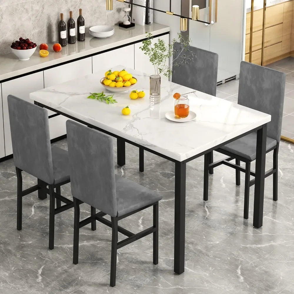 New Dining Table Set for 4 with 4 PU Leather Chairs,5-Piece Marble DiningTable Set with 4 Velvet Metal Frame Chairs for Kitchen - Home Fusion