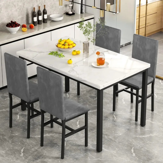 New Dining Table Set for 4 with 4 PU Leather Chairs,5-Piece Marble DiningTable Set with 4 Velvet Metal Frame Chairs for Kitchen - Home Fusion