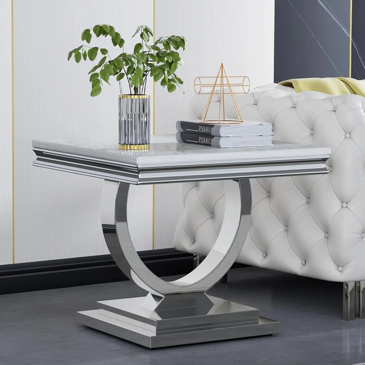 47" Rectangular Coffee Table, Modern White Faux Marble Cocktail Table, with Silver Mirrored Finish U-Shape Stainless Steel Base - Home Fusion