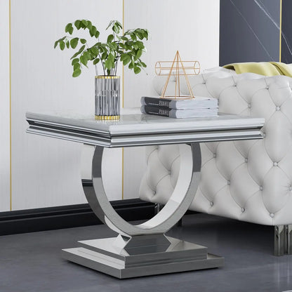 47" Rectangular Coffee Table, Modern White Faux Marble Cocktail Table, with Silver Mirrored Finish U-Shape Stainless Steel Base - Home Fusion