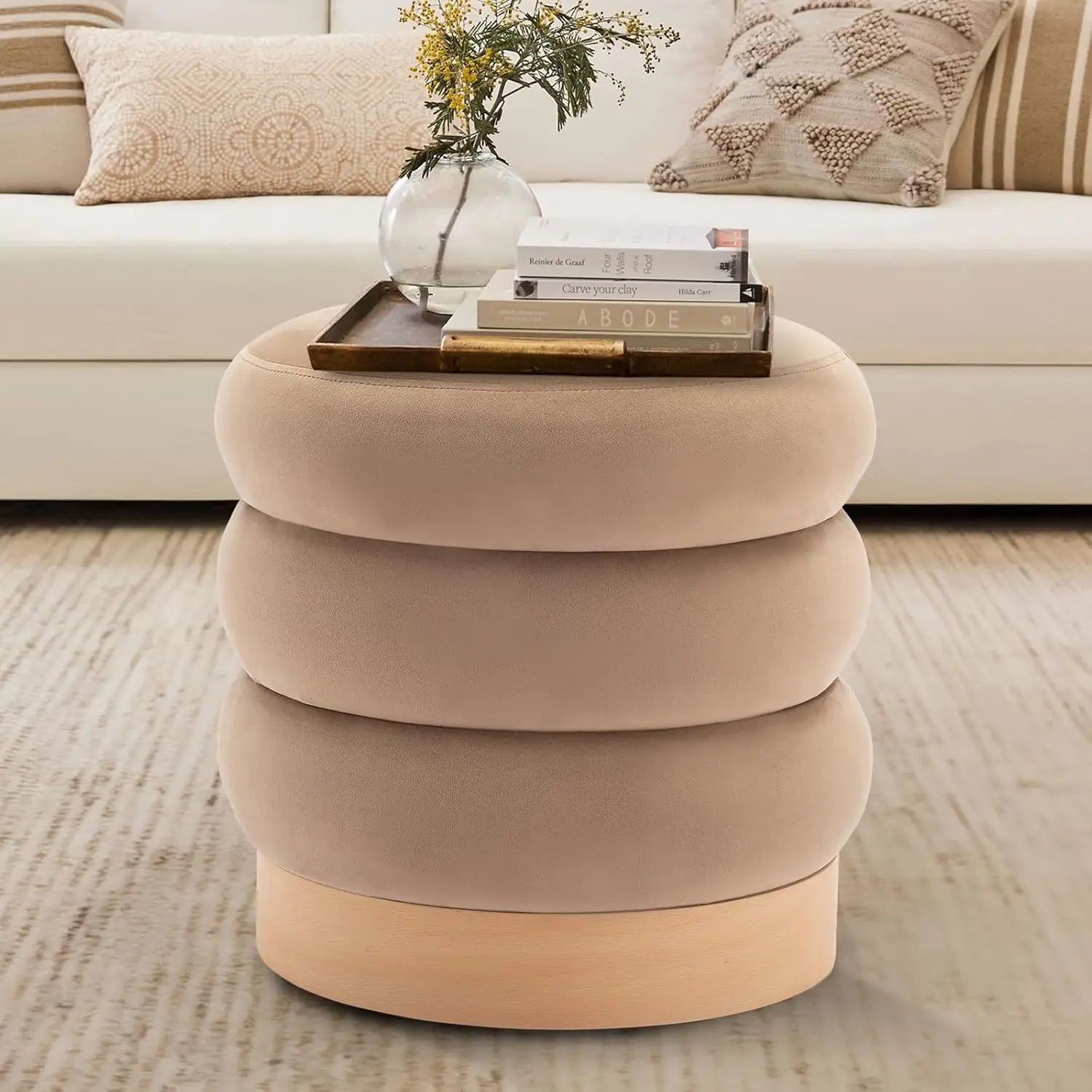 Velvet Ottoman Footstool, Tufted Modern Foot Rest Stool with Wood Base for Living Room, Bedroom, Desk, Round Versatile Side End - Home Fusion