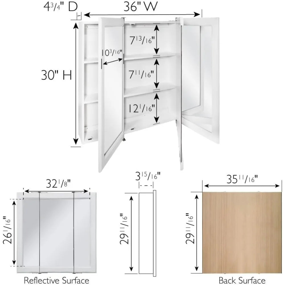 Mirror Cabinet, Durable White Assembly Frame, Bathroom Wall Cabinet with Mirrored Doors, 36" – 4.75" x 36" x 30", White - Home Fusion