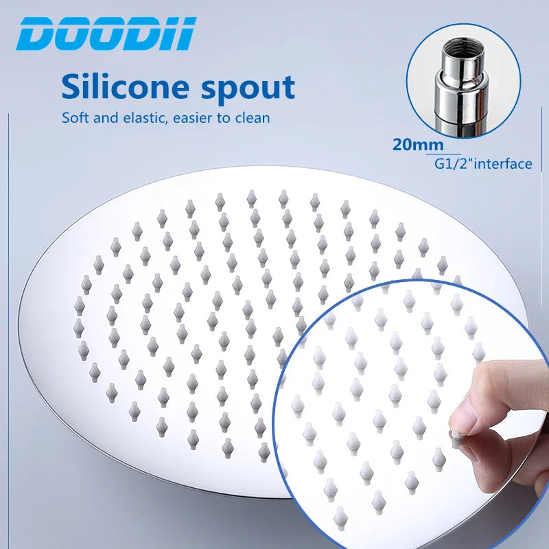 DOODII Removable Shower Heads Stainless Steel Square Round Rainfall Shower Head High Pressure Handheld Bathroom Accessories - Home Fusion