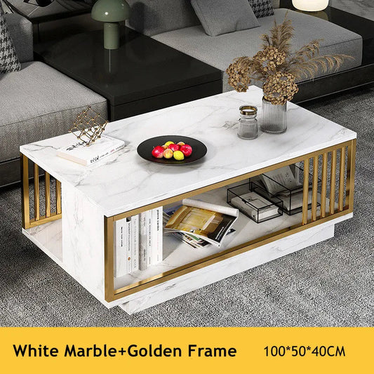 Modern 2-Tier White+Gold Coffee Table High Gloss Marble Veneer Rectangle Living Room Furniture, Waiting Area Table Home Fusion