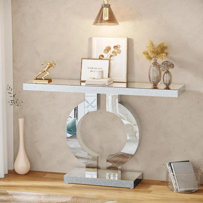 Mirrored Console Table with O-Shaped Base, 43-Inch Modern Entryway Glass Sofa Table with Mirror Finish for Living Room, Silver Mirrored Console Table with O-Shaped Base, 43-Inch Modern Entryway Glass Sofa Table with Mirror Finish for Living Room, Silver 076823-f9.myshopify.com