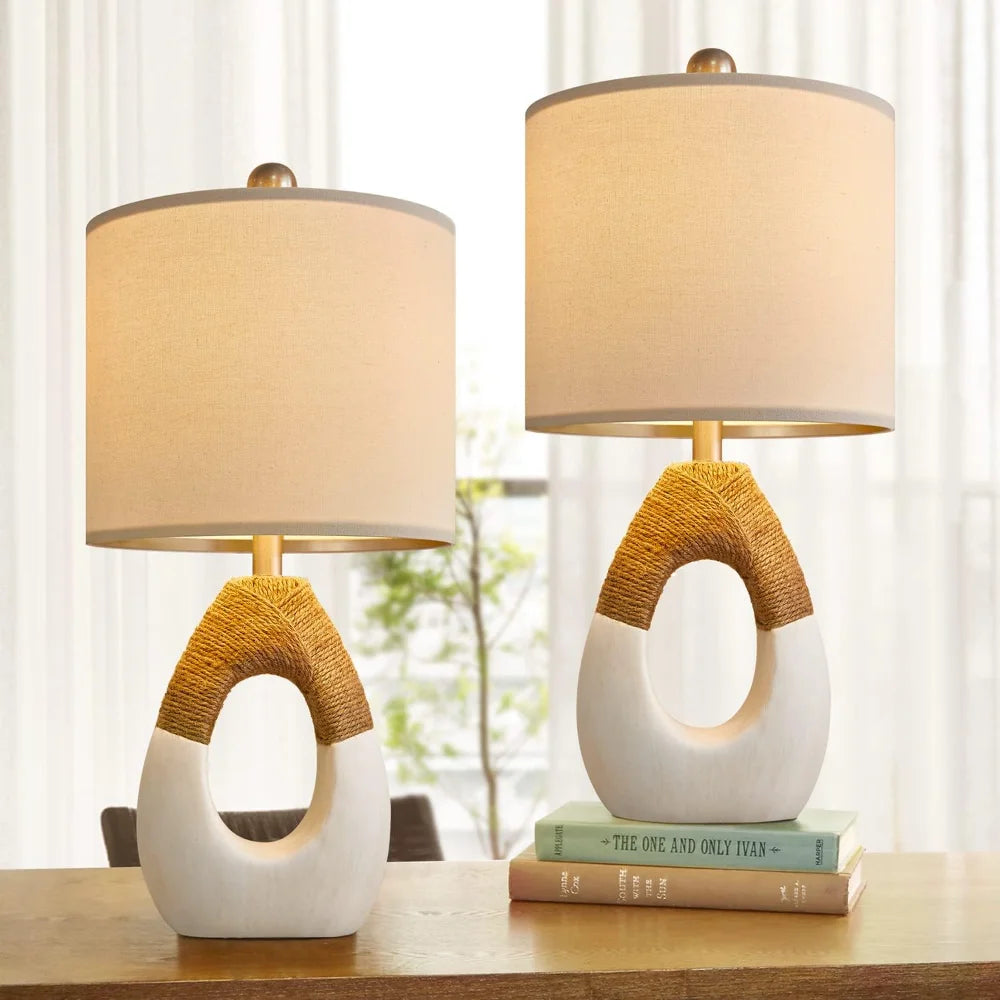 OYEARS Boho Table Lamps Bedroom Living Room Set 2 Small Farmhouse Rattan Table Lamp 19”Rustic Home Decoration Nightstand - Home Fusion