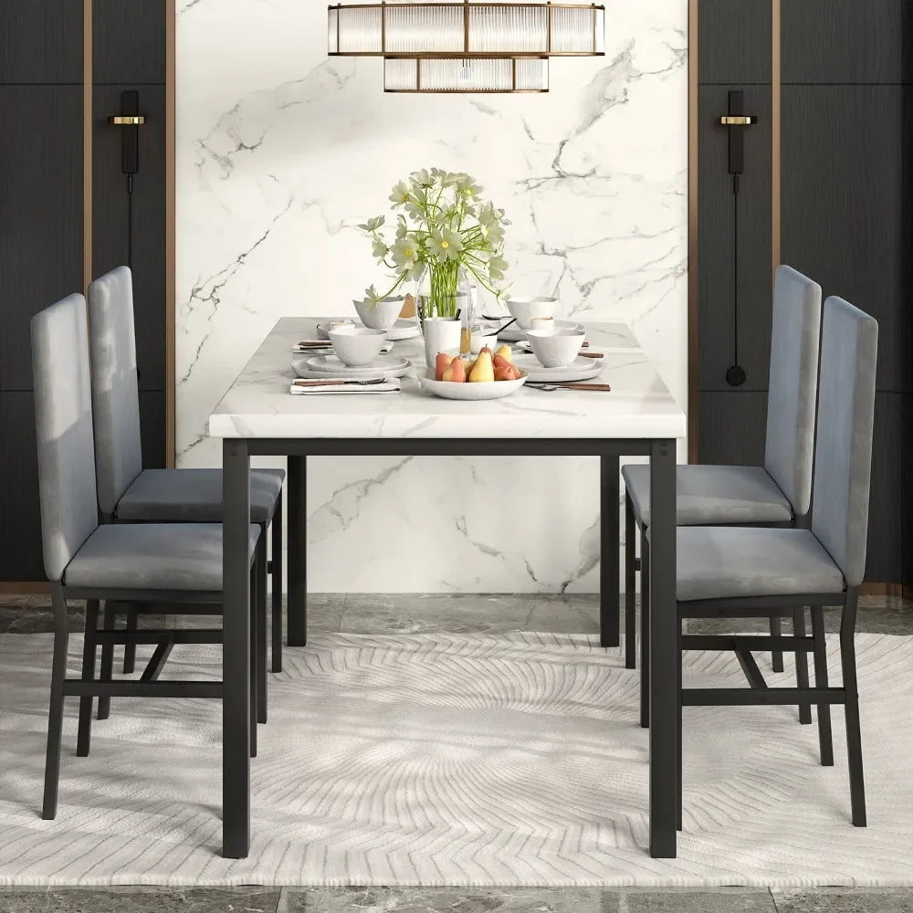 New Dining Table Set for 4 with 4 PU Leather Chairs,5-Piece Marble DiningTable Set with 4 Velvet Metal Frame Chairs for Kitchen - Home Fusion