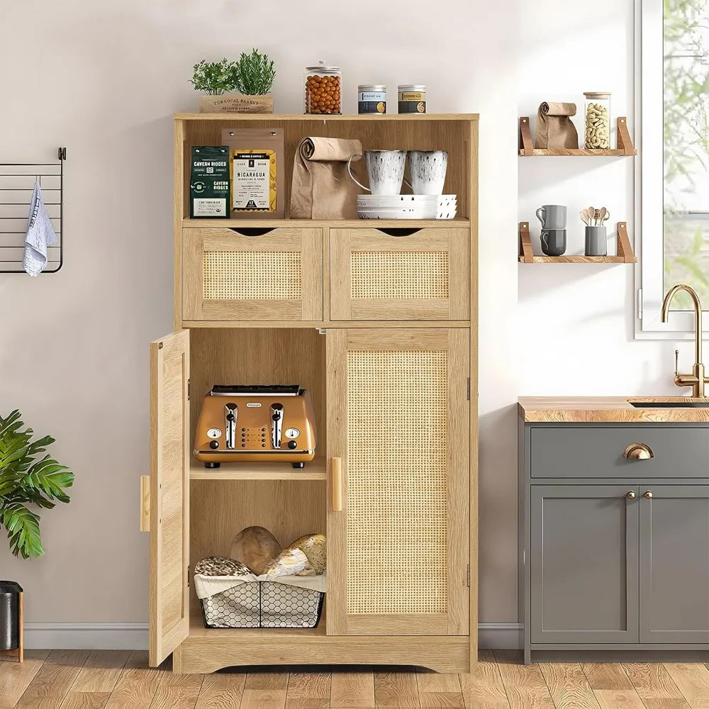 Iwell Storage Cabinet, Rattan Cabinet with 2 Drawers and Adjustable Shelves, Cupboard, Floor Cabinet with Doors for Living Room - Home Fusion