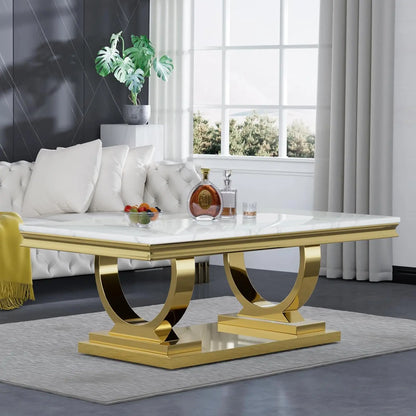 47" Rectangular Coffee Table, Modern White Faux Marble Cocktail Table, with Silver Mirrored Finish U-Shape Stainless Steel Base - Home Fusion