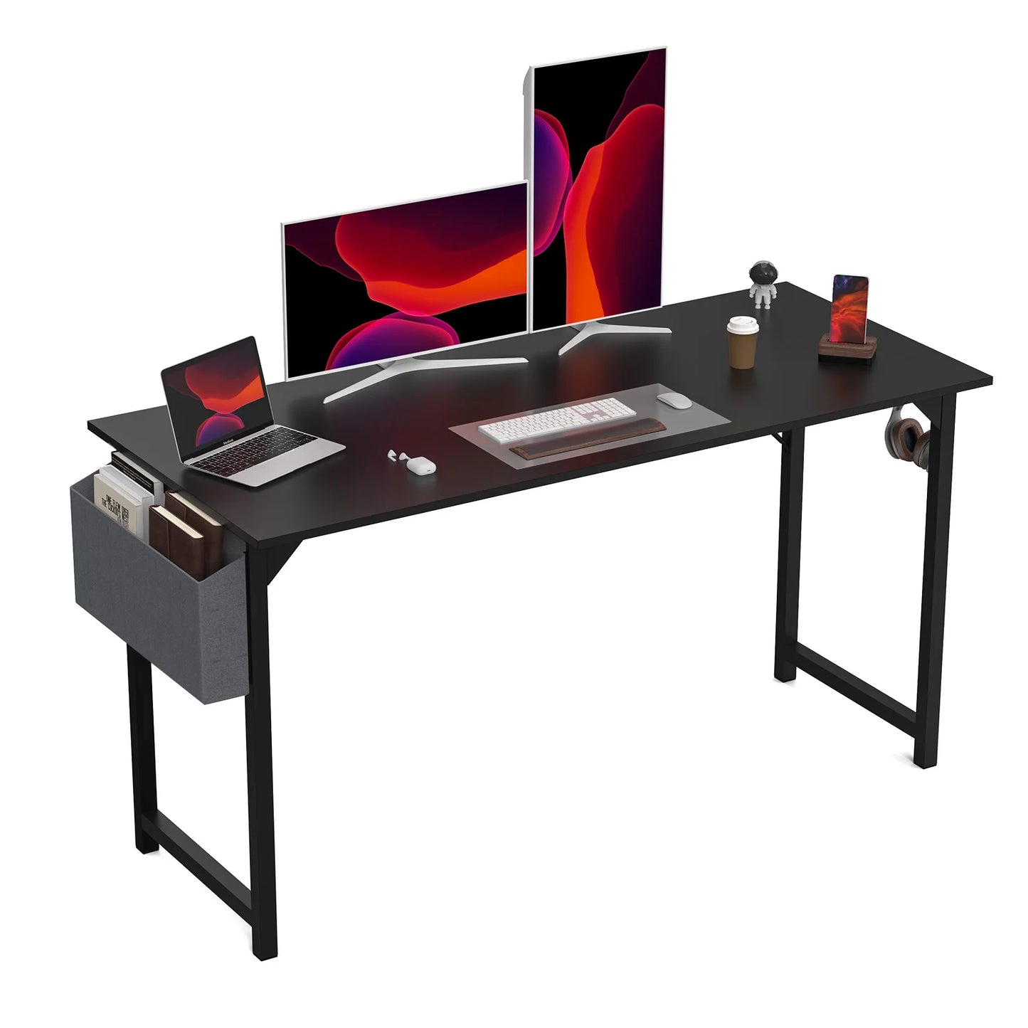 JHK Computer Desk Writing Study Office Gaming Table Modern Simple Style Compact with Side Bag Headphone Hook Easy Assembly - Home Fusion