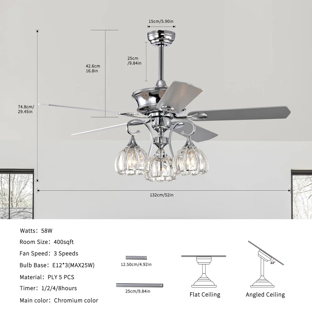 52''Crystal Ceiling Fan Lamp with Remote Control  3 Speed,5 Reversible Blades for Living Room,Dining Room,Bedroom - Home Fusion