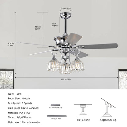 52''Crystal Ceiling Fan Lamp with Remote Control  3 Speed,5 Reversible Blades for Living Room,Dining Room,Bedroom - Home Fusion