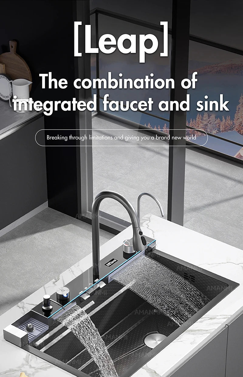 304 Stainless Steel Waterfall Kitchen Sink Large Single Slot Integrated Digital Display Faucet Set Soap Dispenser Cup Washer Home Fusion