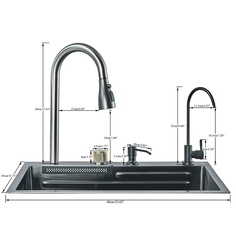 304 5 Water Discharge Modes Stainless Steel Waterfall Kitchen Sink Large Single Slot Integrated Digital Display Faucet Set Home Fusion