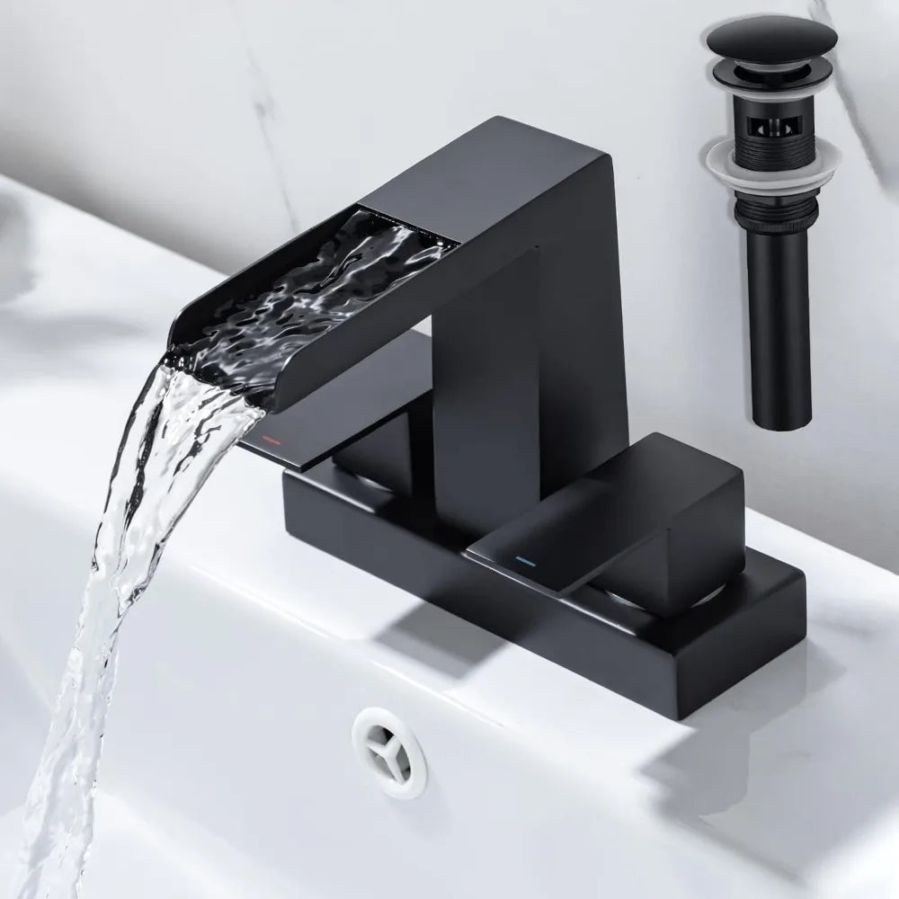 4 Inch Centerset Waterfall Bathroom Faucet 2 Handle 3 Hole Basin Faucet with Pop Up Drain with Overflow - Home Fusion