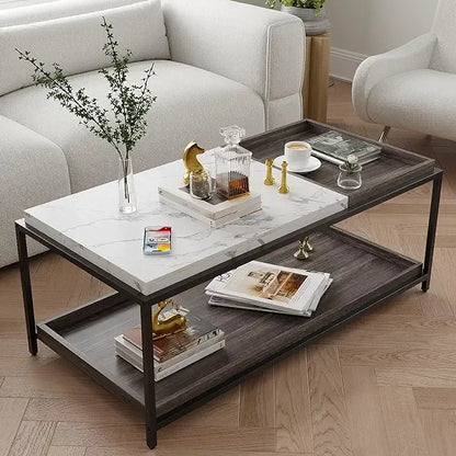Comft Rectangle Side Glass Coffee Table, 2Tier Center Table Modern Black Side Coffee TableReception Room Office with Lower Shelf - Home Fusion