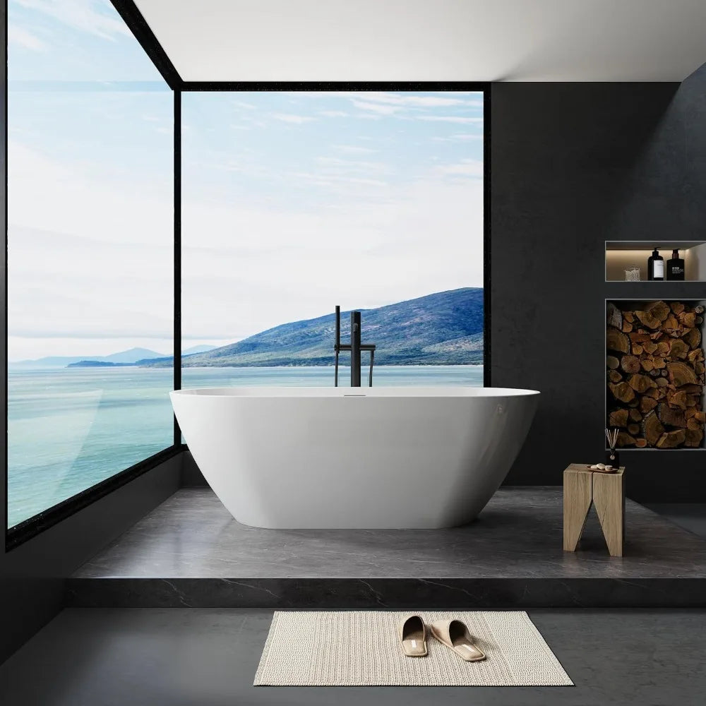 reestanding Bathtub Contemporary Soaking with Chrome Overflow and Drain, Stylish Modeling Design Comfortable Soaking Experience - Home Fusion