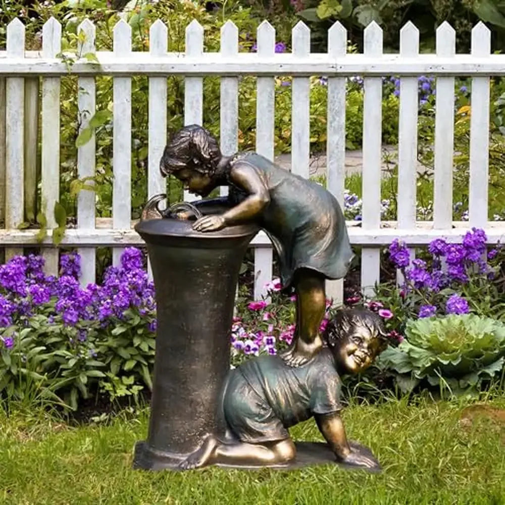 44465232511147 Outdoor Garden Waterfall Fountain Playful Boy and Girl Drinking Water Feature 27" Joyful Bronze Nostalgic Stone Decor Rust 076823-f9.myshopify.com