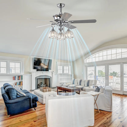 52''Crystal Ceiling Fan Lamp with Remote Control  3 Speed,5 Reversible Blades for Living Room,Dining Room,Bedroom - Home Fusion