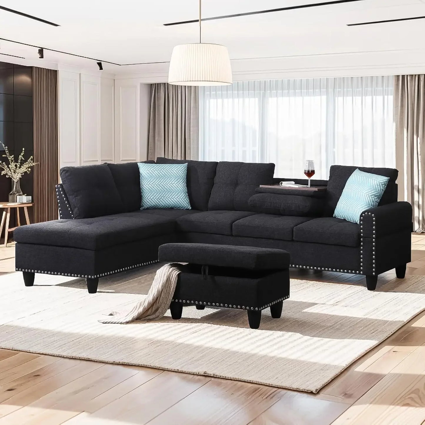 44368936763563 Sectional Sofa with Ottoman Living Room Furniture Set Left Facing Chaise, 2 Cup HoldersComfy Upholstered Sofa&Couch Corner 076823-f9.myshopify.com
