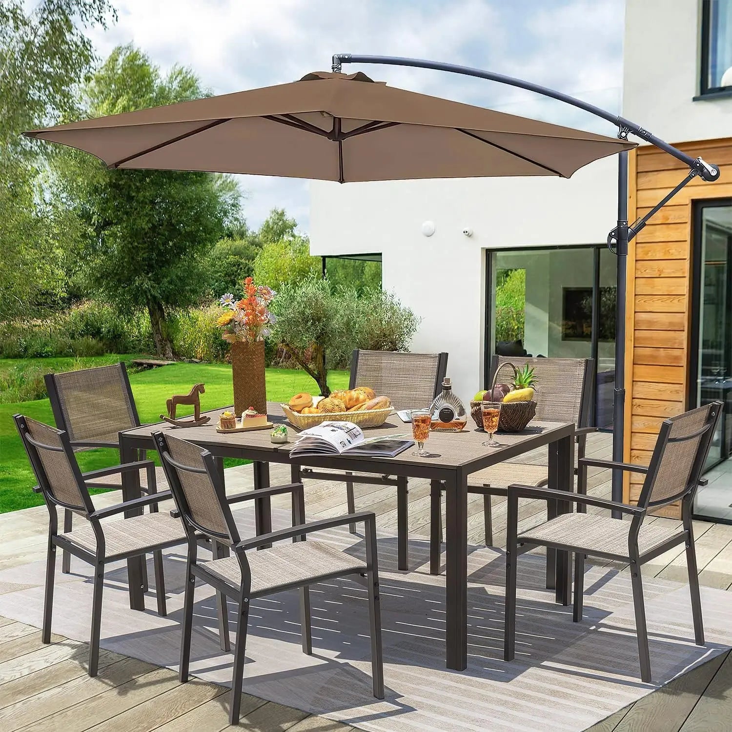 Patio Dining Set 7 Pieces Outdoor Furniture with Large Table and 6 Textilene Chairs for Porch, Brown - Home Fusion