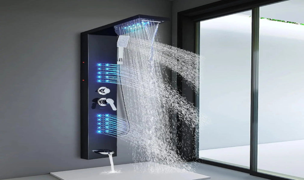 Shower Panel Tower System,LED Rainfall Waterfall Shower Head LED Large Area Massage Jets Tub Spout,Stainless Steel Bathroom - Home Fusion