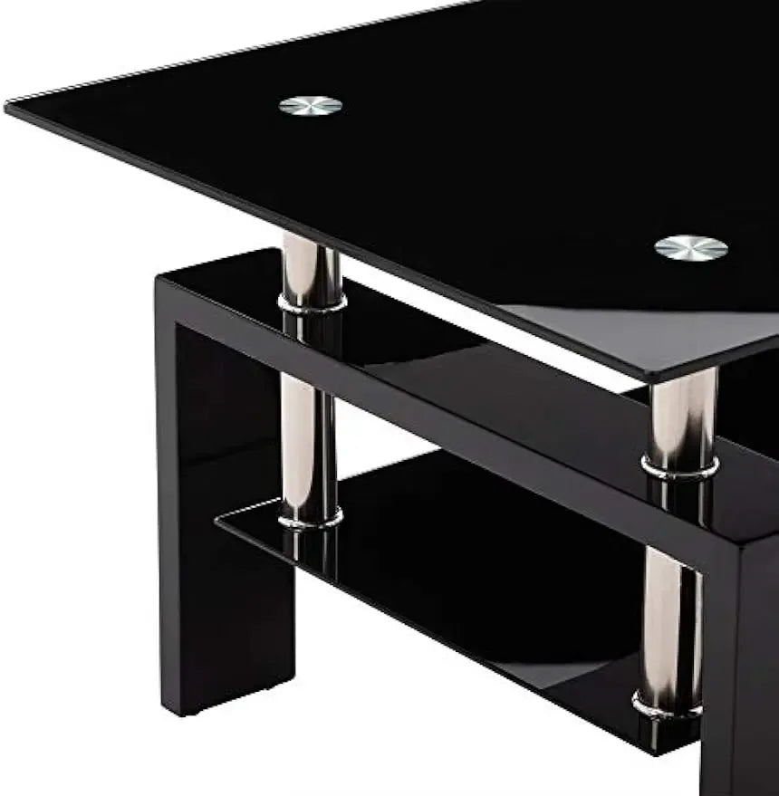 Comft Rectangle Side Glass Coffee Table, 2Tier Center Table Modern Black Side Coffee TableReception Room Office with Lower Shelf - Home Fusion
