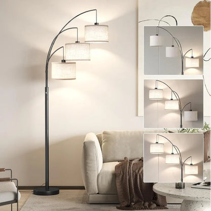3 Light Floor Lamp – 78” Modern Arc Standing Lamp with Drum Shade - Home Fusion