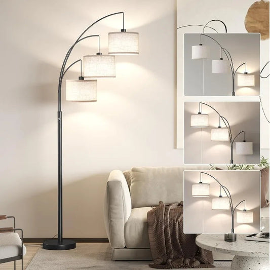 3 Light Floor Lamp – 78” Modern Arc Standing Lamp with Drum Shade - Home Fusion